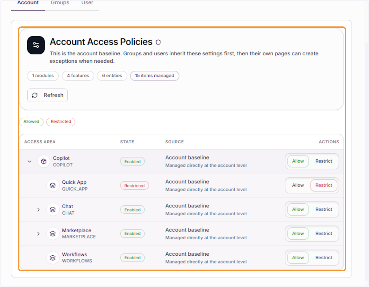 View account-level policy overview