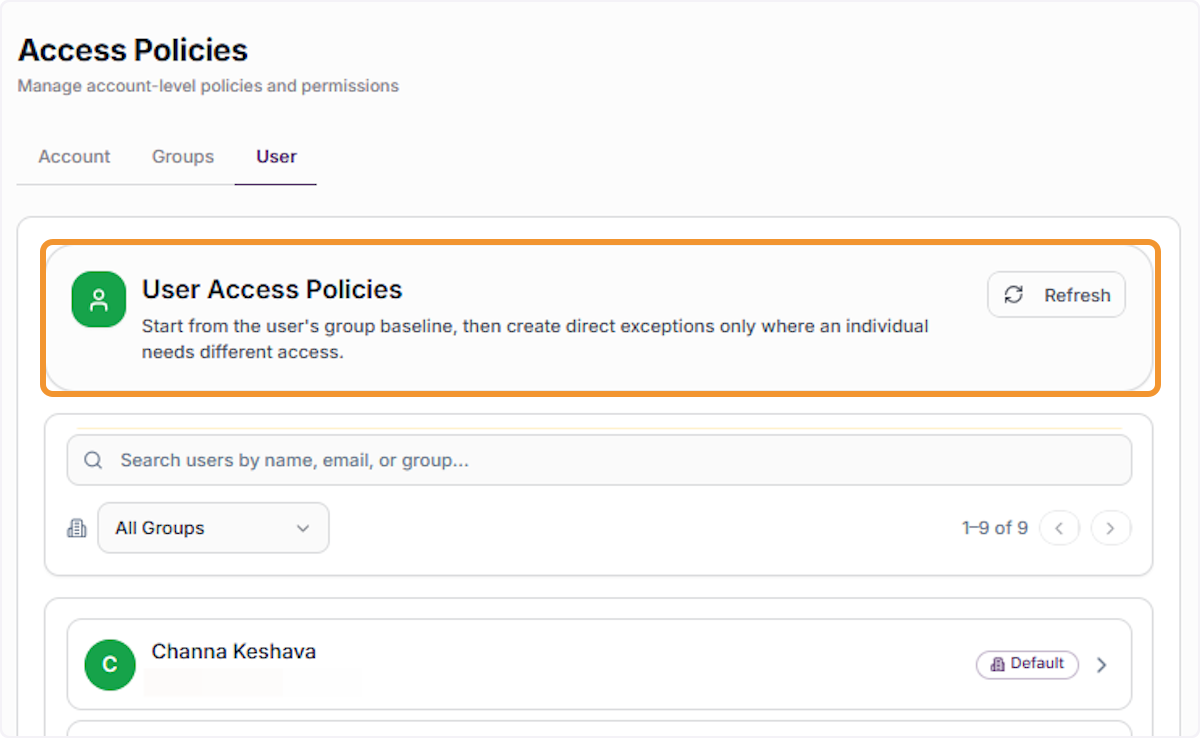 View the User Access Policies list