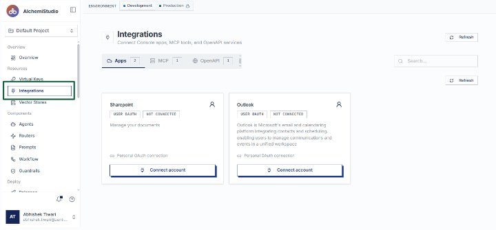 Open Integrations page to connect with console apps, MCP,OpenAPI's