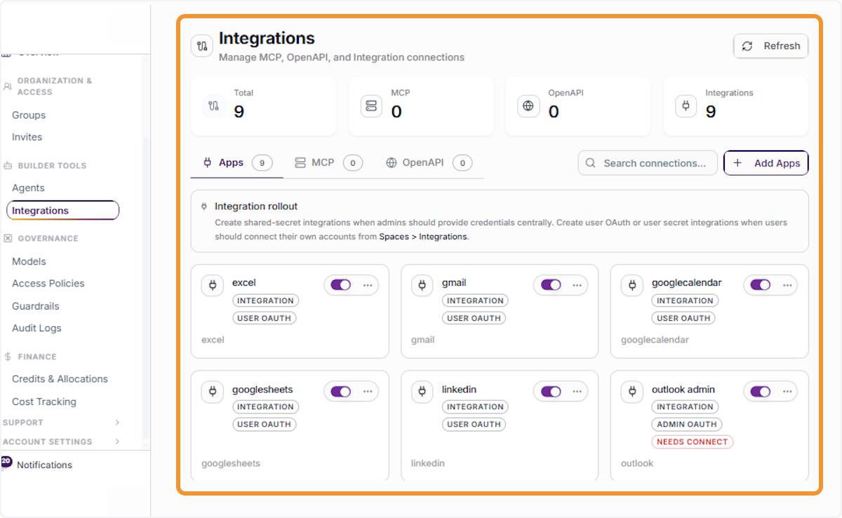 Open the Integrations Dashboard