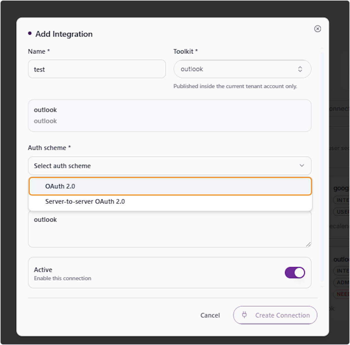 Select OAuth 2.0 as the Auth Scheme