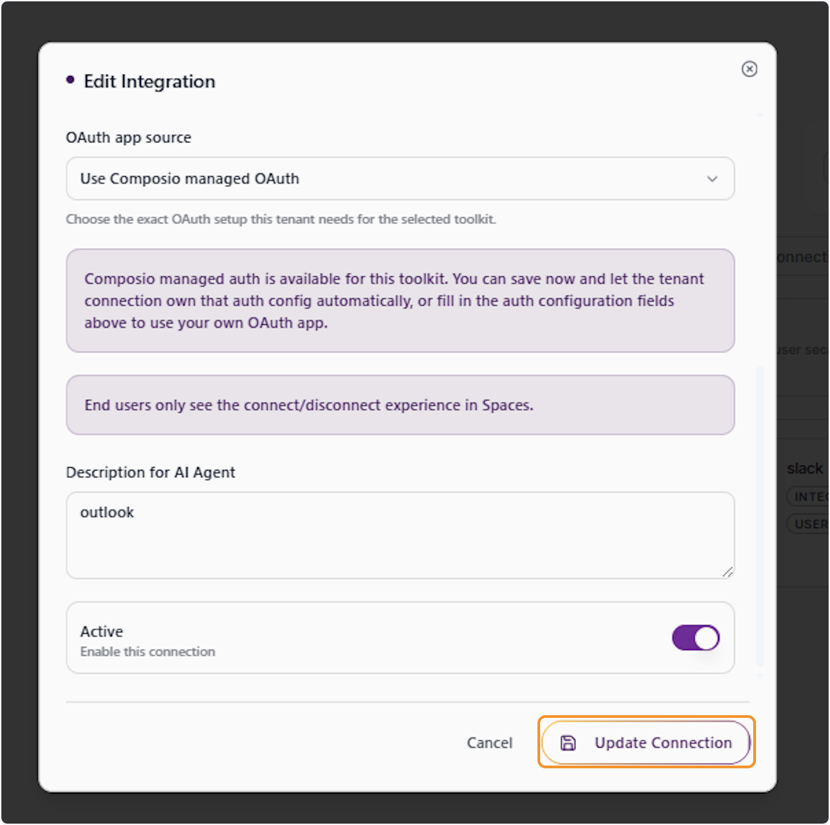 Click Update Connection to Save Changes