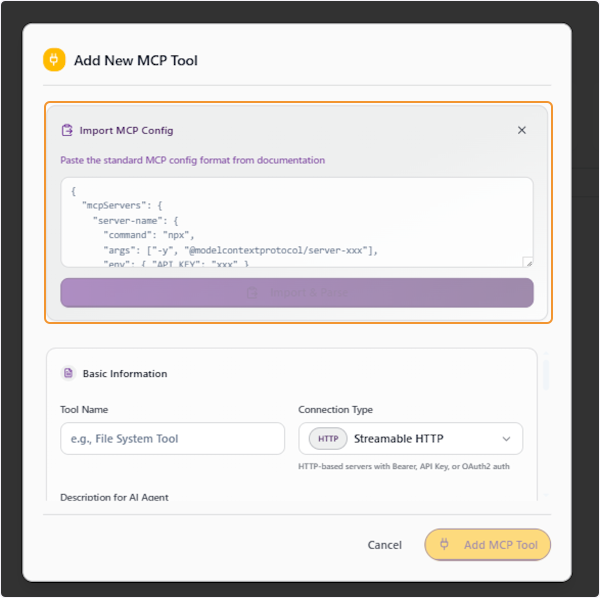 Paste the MCP Configuration into the Import Panel