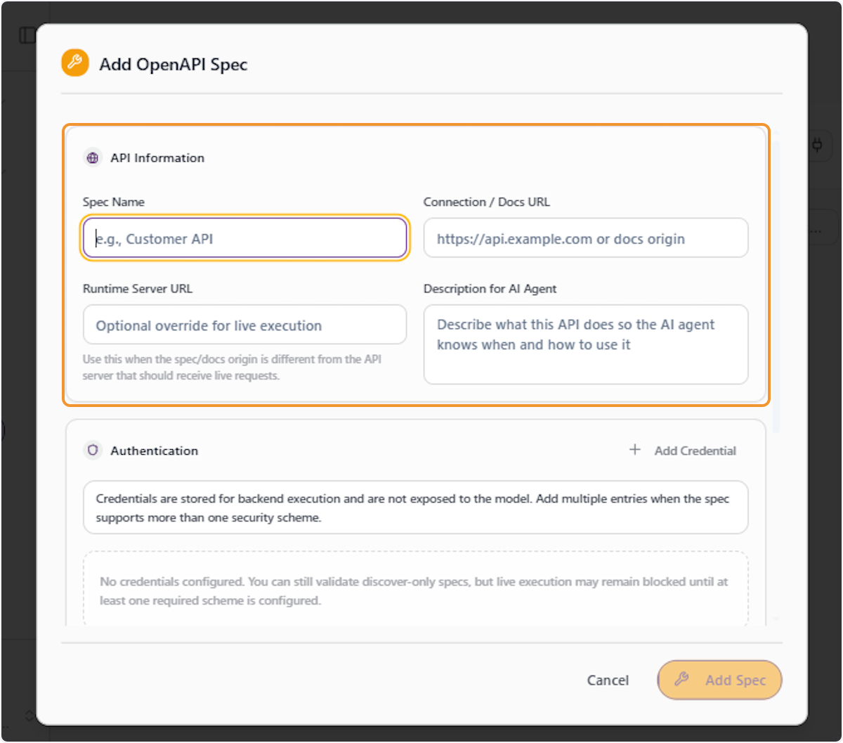 Fill in the API Information Section