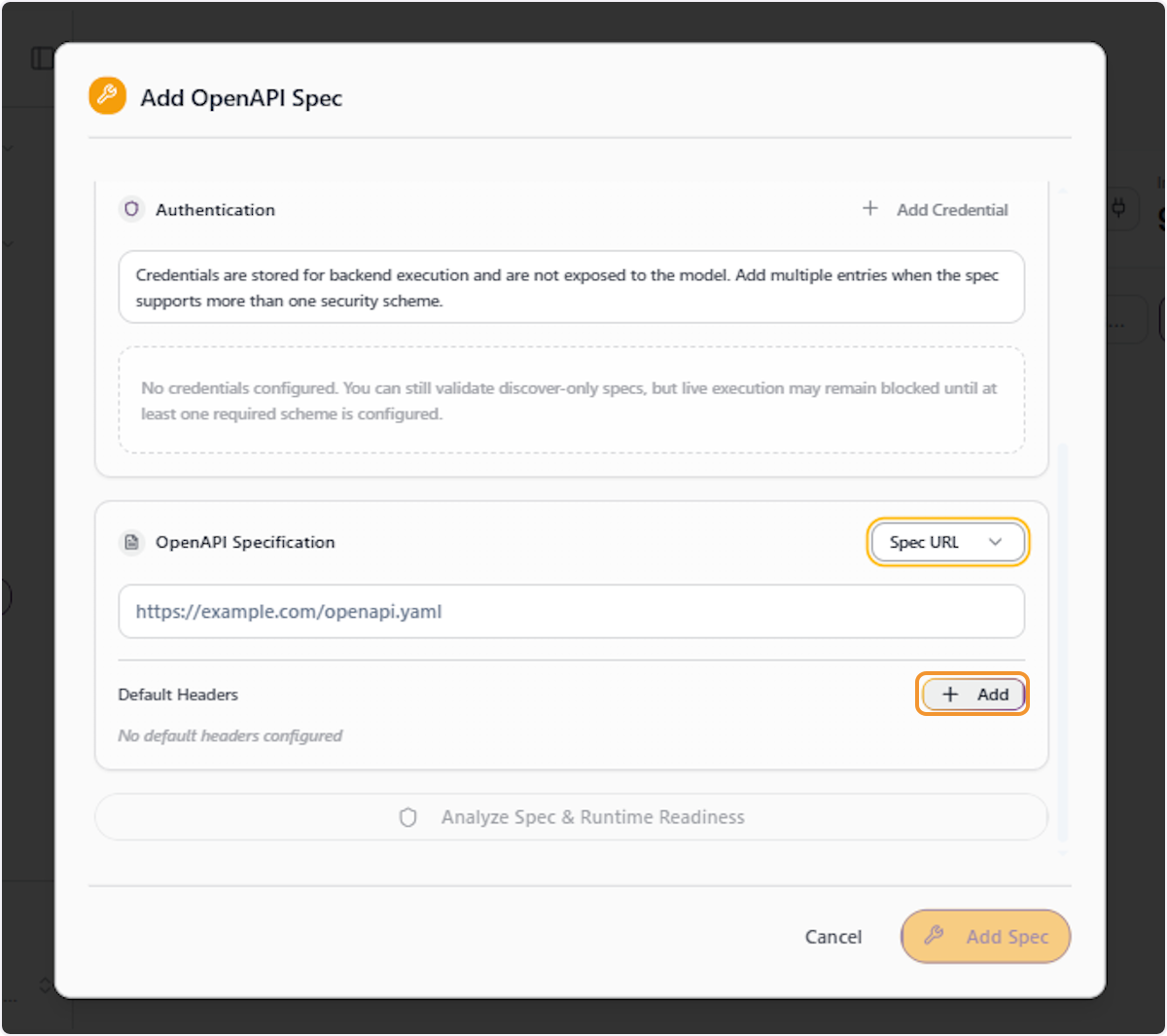 Click Add to Configure a Default Header