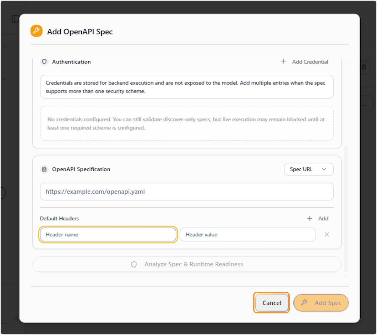 Cancel or Save the OpenAPI Spec Configuration