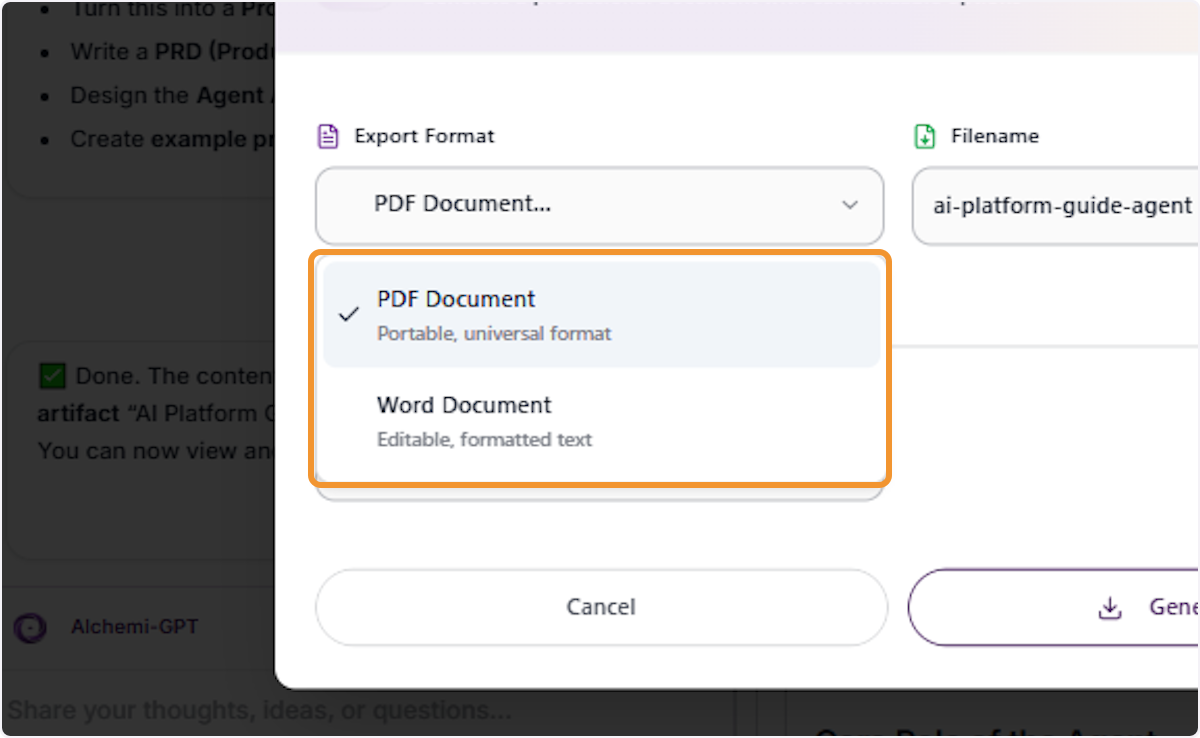 Select the Export Format