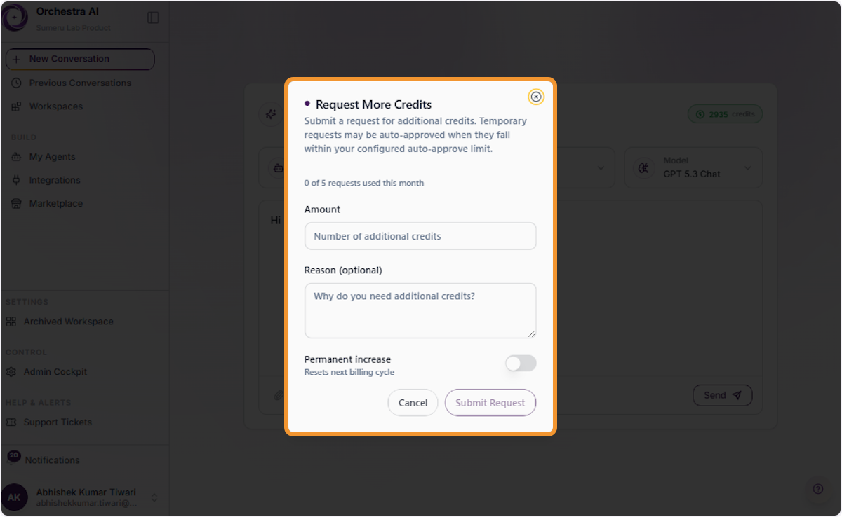Review the Request More Credits Form