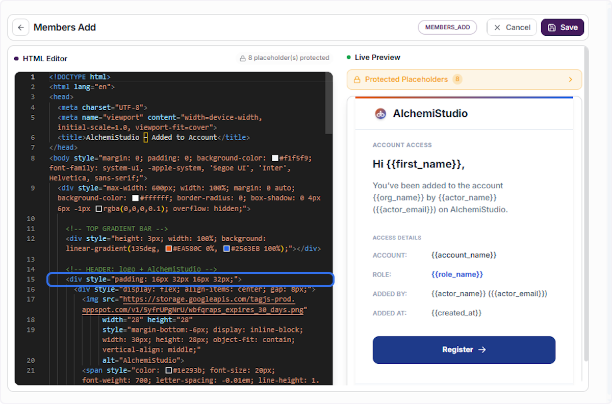 Edit the HTML Content of the Template