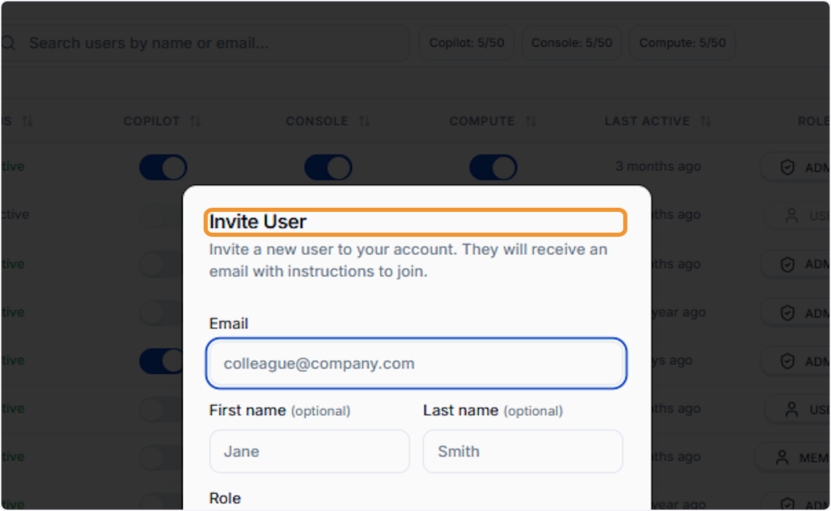 Invite User dialog