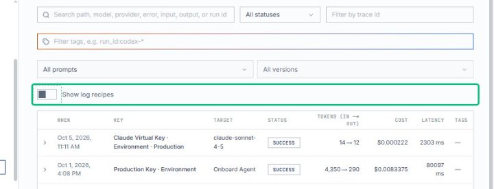 Enable Show log recipes